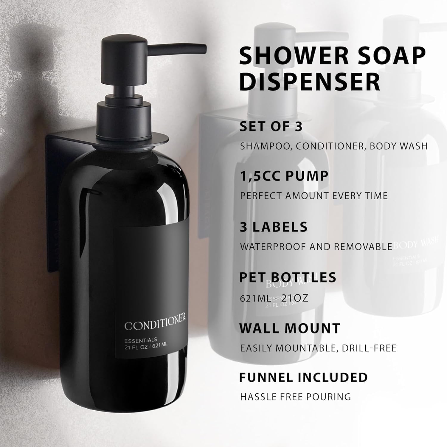 Brainzie Refillable Shampoo and Conditioner Dispenser Shower Soap